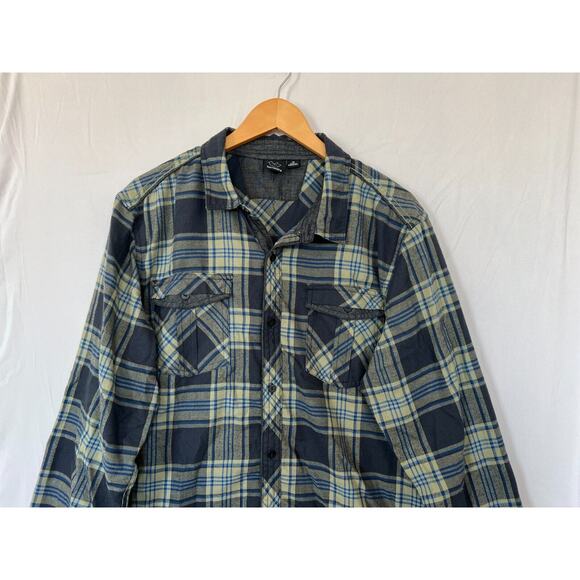 Burnside Plaid Flannel Shirt Mens Size XL Pockets Button Up Navy Olive Grunge - Picture 3 of 9